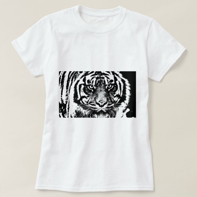 Black White Sumatran Borneo Tiger Eye Artwork T-Shirt (Design Front)