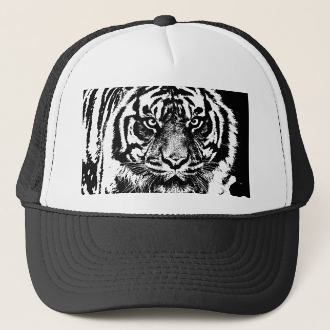 Black White Sumatran Borneo Tiger Eye Artwork Trucker Hat (Front)