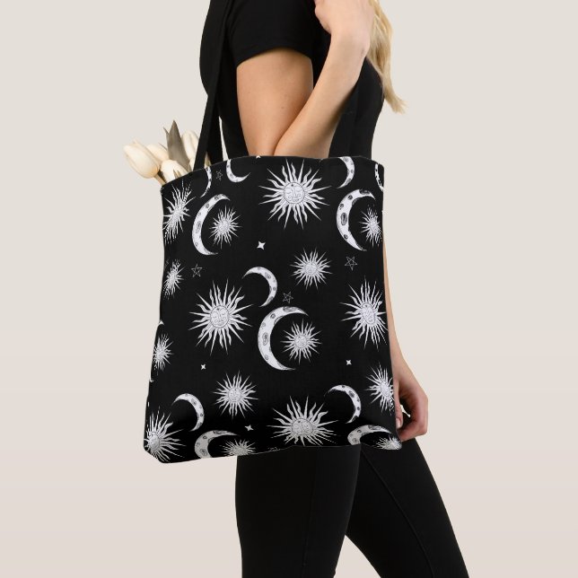 Black & White Sun Moon Stars Celestial Astrology Tote Bag (Close Up)
