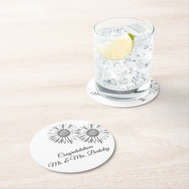 Black White Sunflower Paper Coasters for Weddings (Insitu)