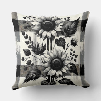 Black & White Sunflower Plaid Throw Pillow