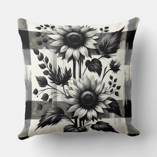 Black & White Sunflower Plaid Throw Pillow (Back)