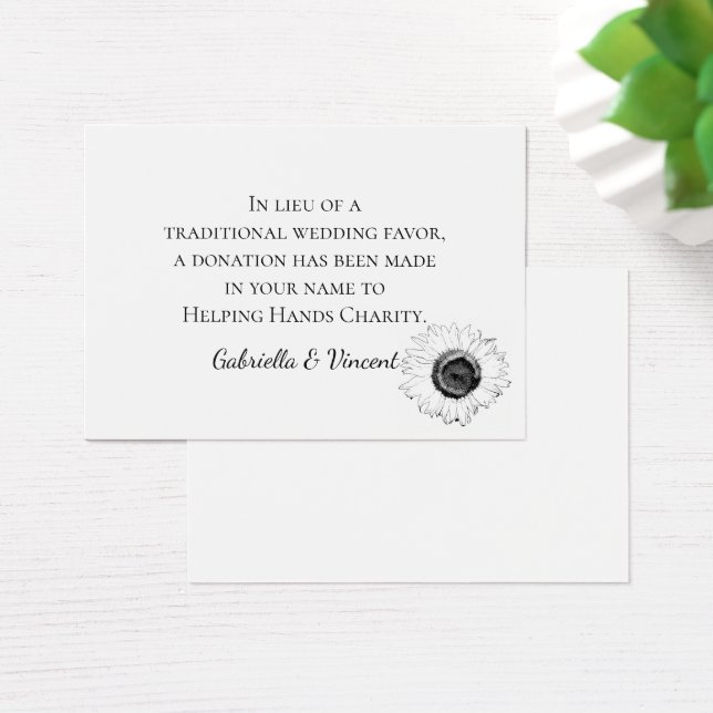 Black White Sunflower Wedding Charity Favour Card (Desk)
