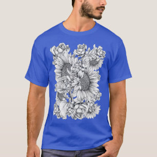 Black White SunFlowers and Roses T-Shirt