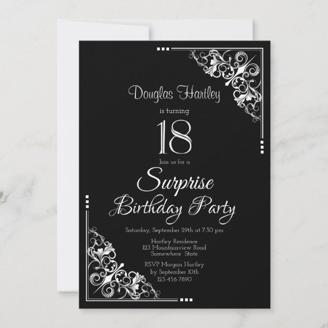 Black White Surprise 18th Birthday Party Invitation (Front)