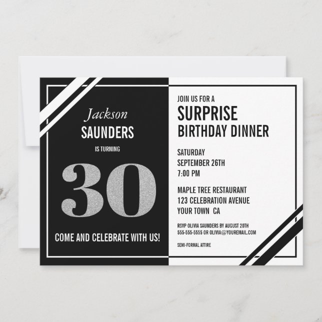 Black White Surprise 30th Birthday Dinner Party Invitation (Front)
