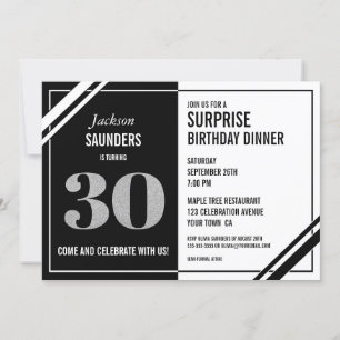 Black White Surprise 30th Birthday Dinner Party Invitation