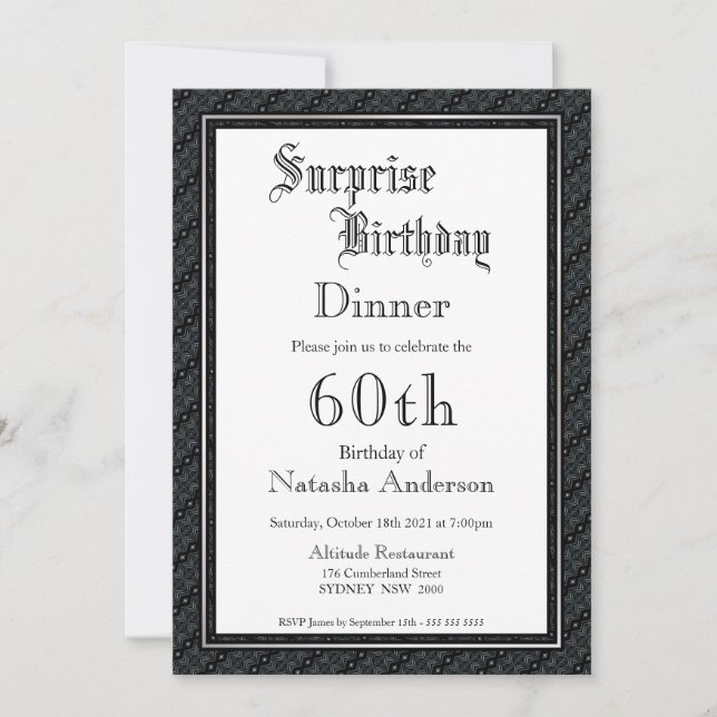 Black & White Surprise 60th Birthday Dinner Invitation (Front)