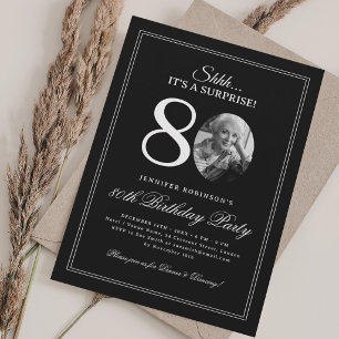 Black + White Surprise 80th Birthday Party Invitation