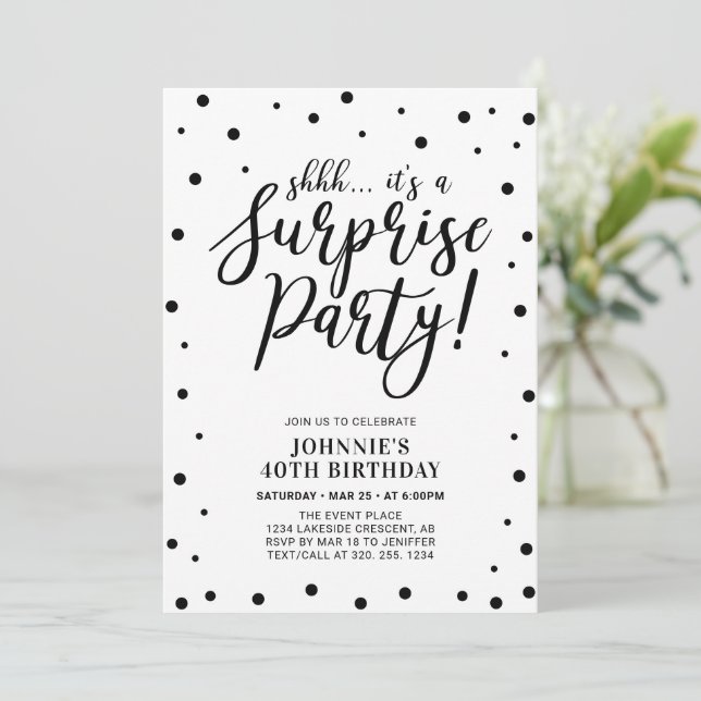 Black & White | Surprise Adult Birthday Party Invitation (Standing Front)