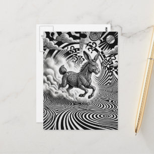 Black White Surreal Fantasy Rabbit Horse Critter Postcard