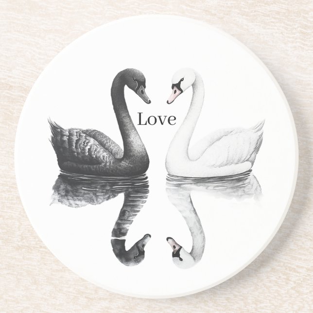 Black White Swans Birds Reflection Coaster (Front)