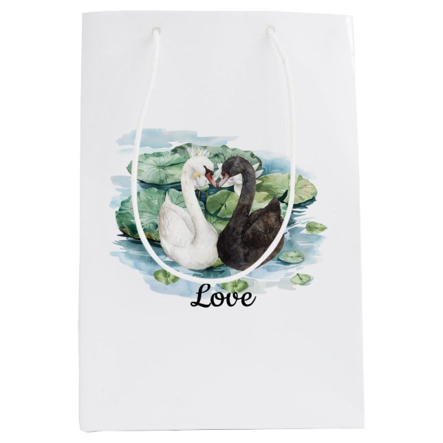 Black White Swans Water Lilies Bridal Shower Medium Gift Bag (Front)