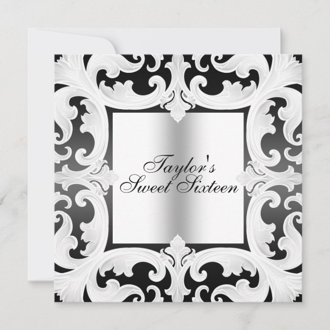 Black/White Sweet16 Damask Design Birthday Invite (Front)