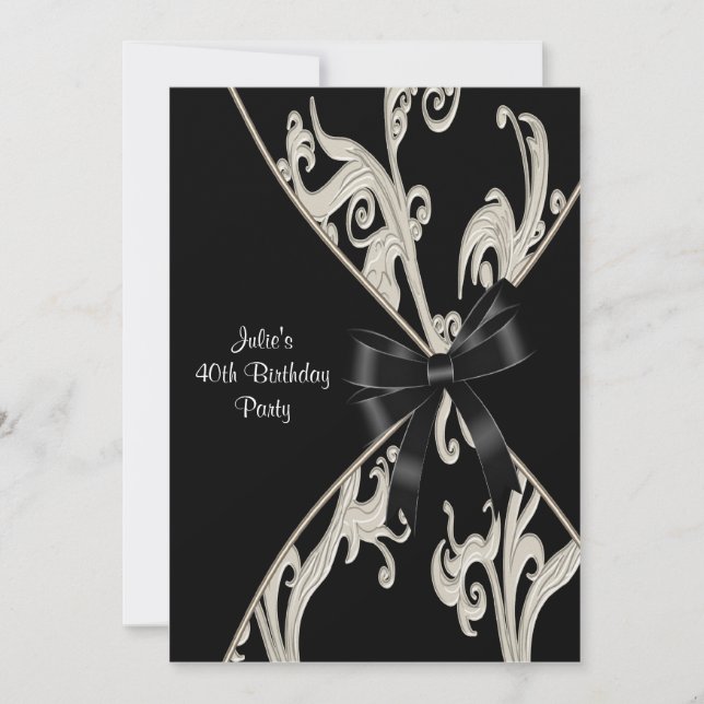 Black White Swirl 40th Birthday Party Invitation (Front)