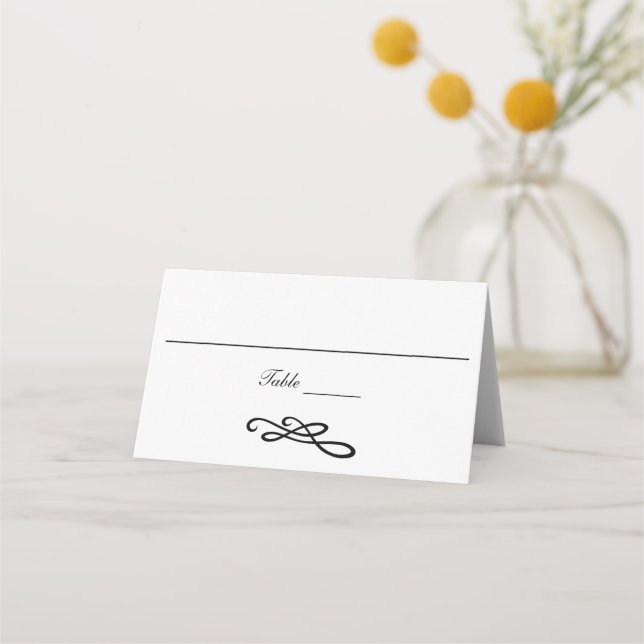 Black White Swirl Flourish Formal Traditional  Place Card (Front)