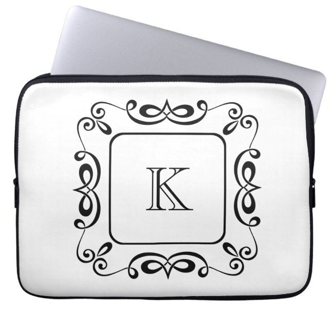 Black White Swirl Flourish Initial Monogram Laptop Sleeve (Front)