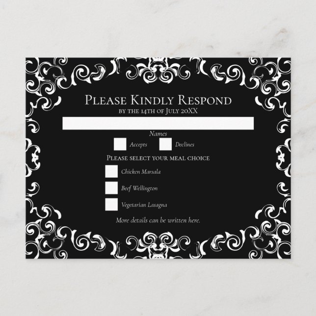 Black & White Swirl Gothic Wedding Holiday Postcard (Front)