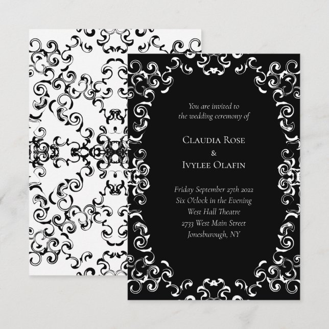 Black & White Swirl Gothic Wedding Invitation (Front/Back)