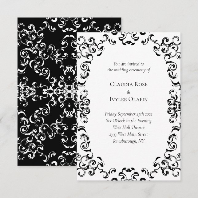 Black & White Swirl Gothic Wedding Invitation (Front/Back)