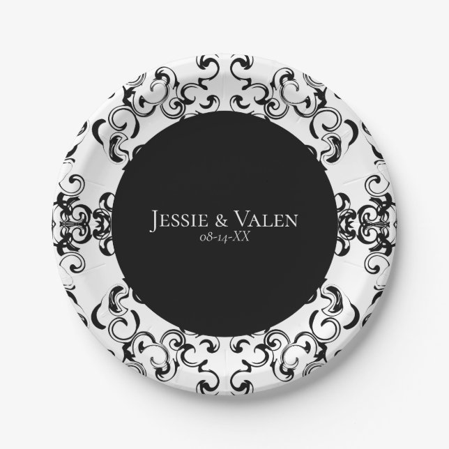 Black & White Swirl Gothic Wedding Paper Plate (Front)