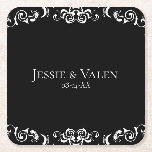 Black & White Swirl Gothic Wedding Square Paper Coaster (Front)