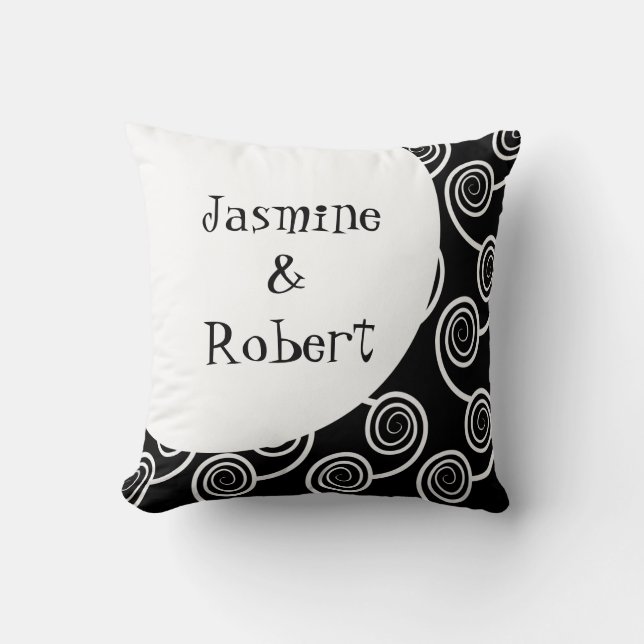 Black White Swirl Monogram Wedding Keepsake Pillow (Front)