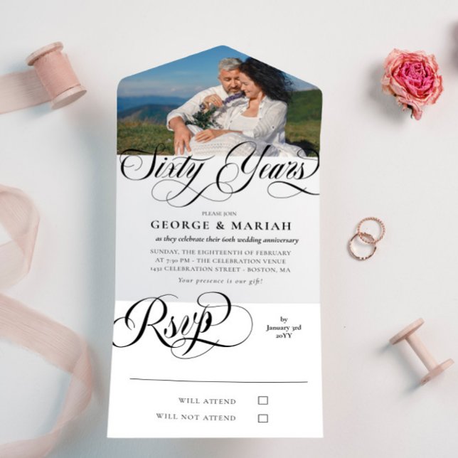 Black White Swirls Photo 60th Wedding Anniversary All In One Invitation (Creator Uploaded)