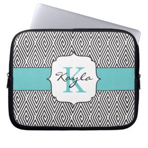 Black & White Swirls Robins Egg Blue Monogram Laptop Sleeve