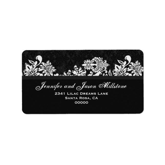 Black White Swirly Damask Wedding Label (Front)