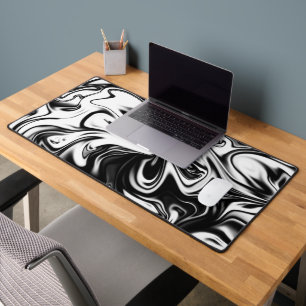 Black White Swirly Marble, Desk Mat