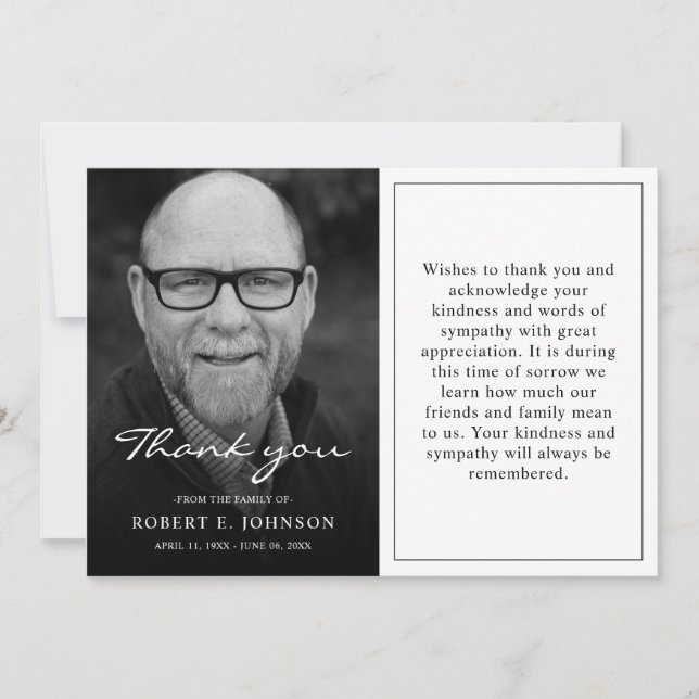 Black & White Sympathy Grief Loss Funeral Photo Thank You Card (Front)