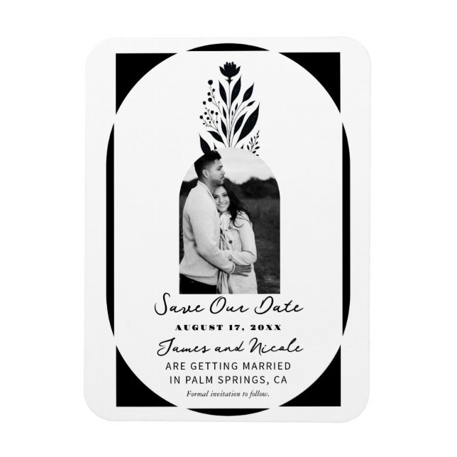 Black & White Tall Floral Modern Save the Date Magnet (Vertical)