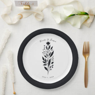 Black & White Tall Floral Modern Vintage Wedding Paper Plate
