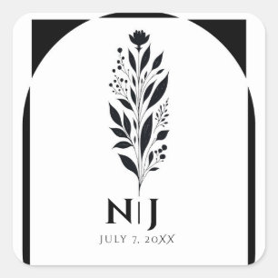 Black & White Tall Floral Modern Vintage Wedding Square Sticker