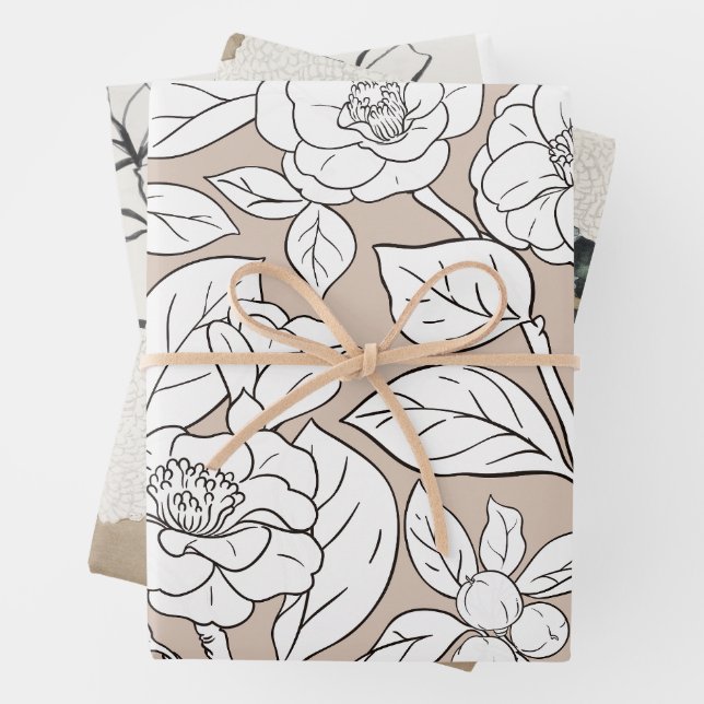 Black, White & Tan Flowers Collage Wrapping Paper Sheet (In situ)