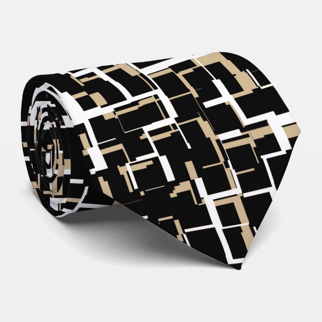 Black White Tan Light Yellow Pattern Tie (Rolled)