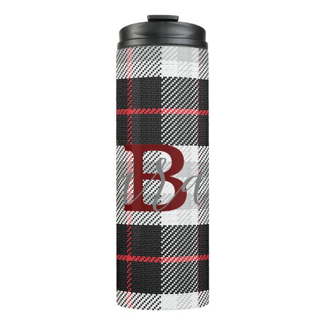 Black & White Tartan Chequered Monogram Name Thermal Tumbler (Front)