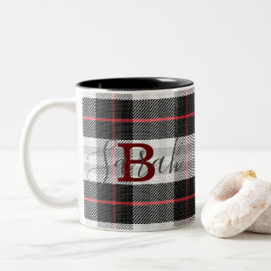 Black & White Tartan Chequered Monogram Name Two-Tone Coffee Mug