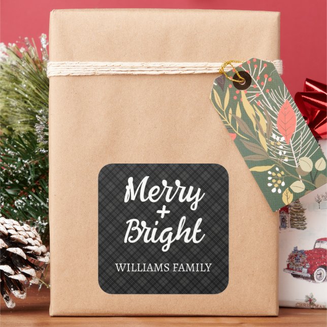 Black white tartan Christmas Merry bright family Square Sticker (Holiday)