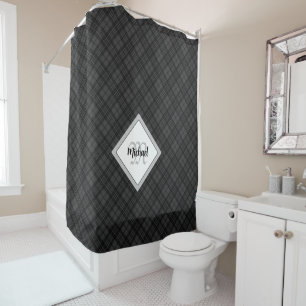 Black white tartan Christmas pattern Monogram Shower Curtain