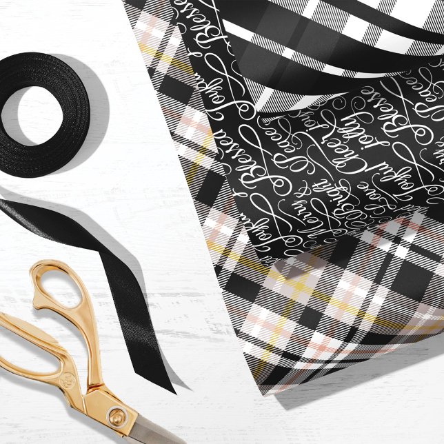 Black & White Tartan Plaid Christmas Typography Wrapping Paper Sheet (Black & White Tartan Plaid Christmas Typography Wrapping Paper Sheets)
