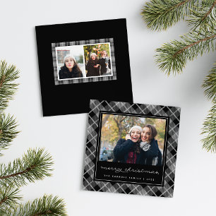 Black & White Tartan Plaid Square Photo Holiday Card