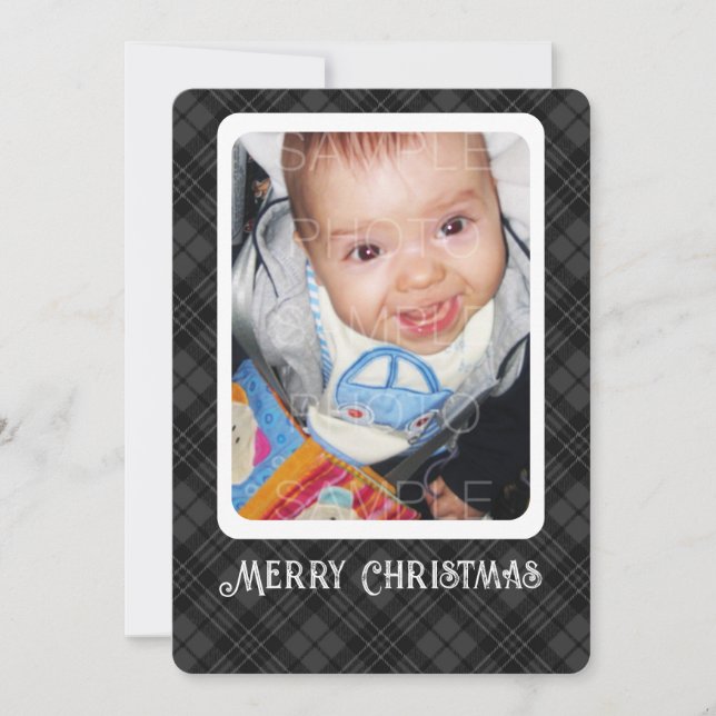 Black white tartan plaid winter Christmas photo Holiday Card (Front)