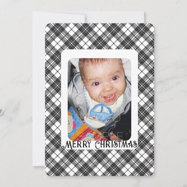 Black white tartan plaid winter Christmas photo Holiday Card (Front)