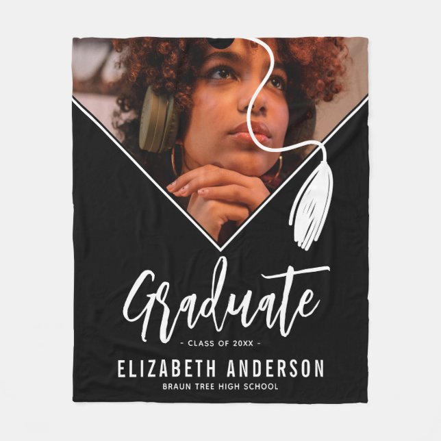Black White Tassel Cap Photo Graduation Fleece Blanket (Front)