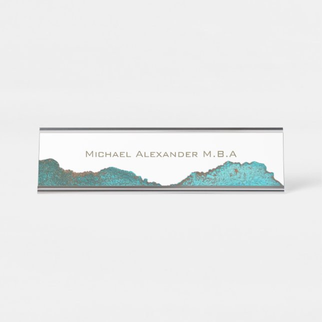 Black White Teal Abstract Custom Named Desk Name Plate (Front)