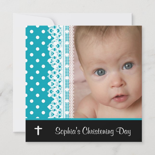 Black White Teal Baby Girl Photo Christening Invitation (Front)