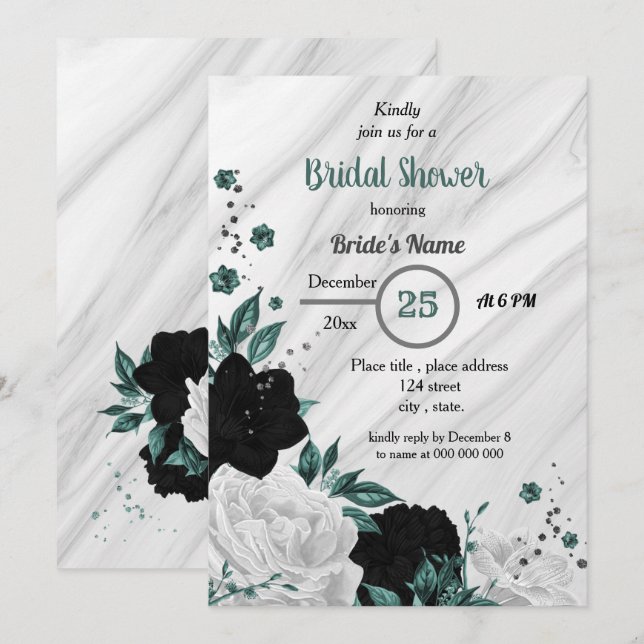 Black white & teal blue floral bridal shower invitation (Front/Back)