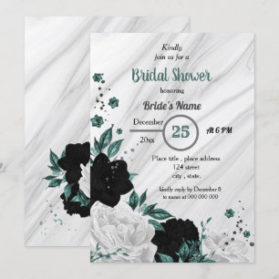 Black white & teal blue floral bridal shower invitation